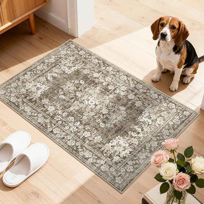 GarveeHome 2x3 Floral Rugs for Bath Vintage Small Mats Botanical Carpets | Machine Washable Non-Slip Low Pile Boho Kitchen Rugs Flower Accent Mats Bordered Area Rug for Hallway Entrance Brown