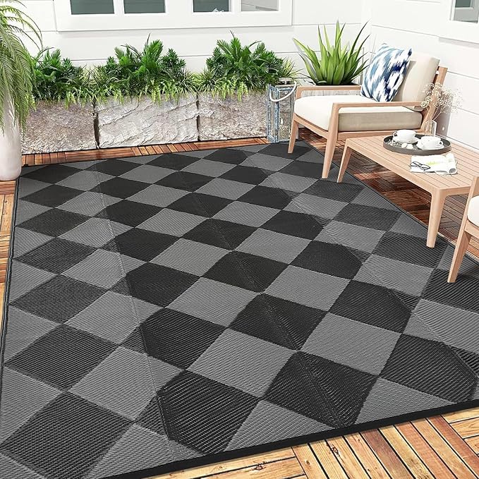 Garvee 9x12 Outdoor Rug for Patio Plastic Straw Rug Waterproof Reversible Mat Lightweight Foldable Carpet Easy Clean Large Rugs for Patio Porch Backyard Camping RV Beach Balcony Deck Checkered Black