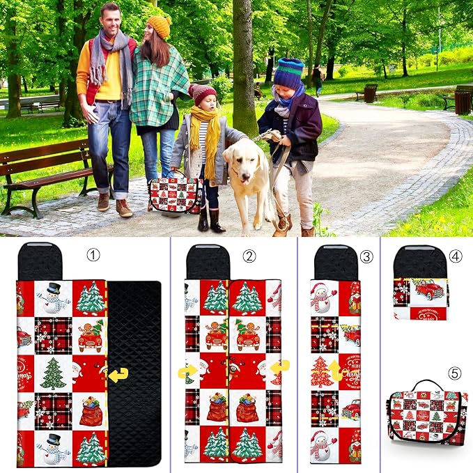 Poedist Extra Large Picnic Blanket Waterproof,80"x 80"Foldable Machine Washable Beach Blanket,Outdoor Blanket for 6-8 Adults,Suitable for Crawling,Park Beach,Camping,Hiking,Family,Merry Christmas