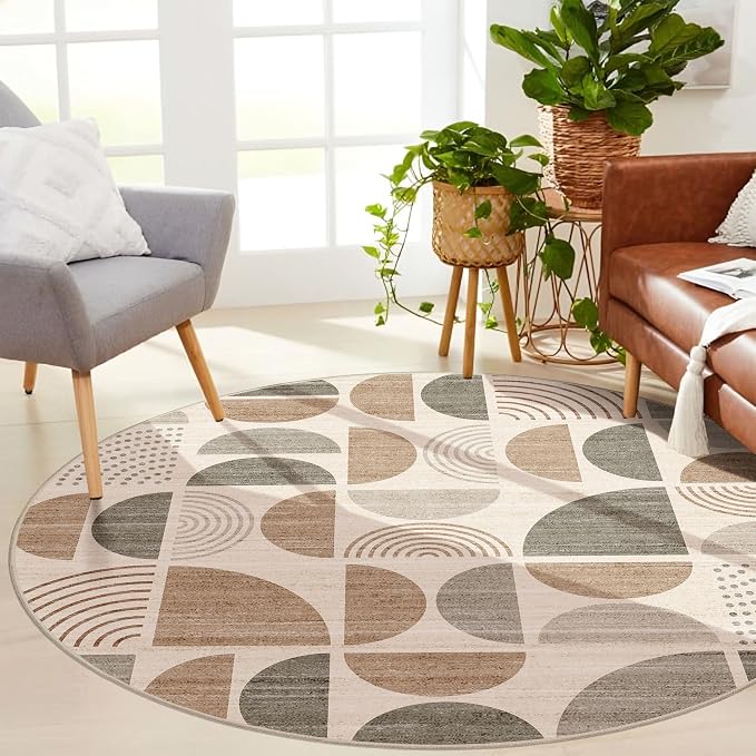 Round Rugs 6ft,Circle Area Rug Washable Non Slip Modern Abstract | Large Circular Rugs for Living Room Dining Room Boho Throw Carpet Soft Low Pile Floor Indoor Bohemian Neutral Beige
