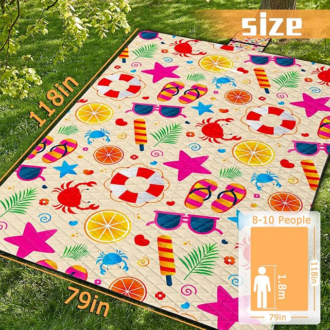 79" x 118" Picnic Blanket Extra Large,Waterproof Sandproof Foldable Outdoor Blanket Beach Blanket Ocean Picnic Mat for Camping,Lawn,Park(Beach)
