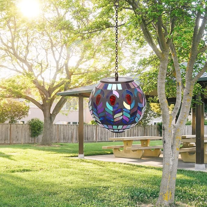 Mosaic Solar Lantern Outdoor Waterproof Glass Hanging Solar Lights, Black | Solar Hanging Lantern IP44 Waterproof Mosaic Gazing Ball with White LED Lights, Metal Hanging Chain, Outdoor Pathway Decor