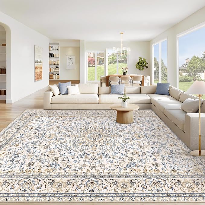 Area Rug 8x10 Washable Rug, Vintage Boho Medallion Rugs Non-Slip Soft Low Pile Large Distressed Rug Indoor Retro Carpet for Living Room Bedroom Dining Room Home Office (BeigeBlue, 8'x10')