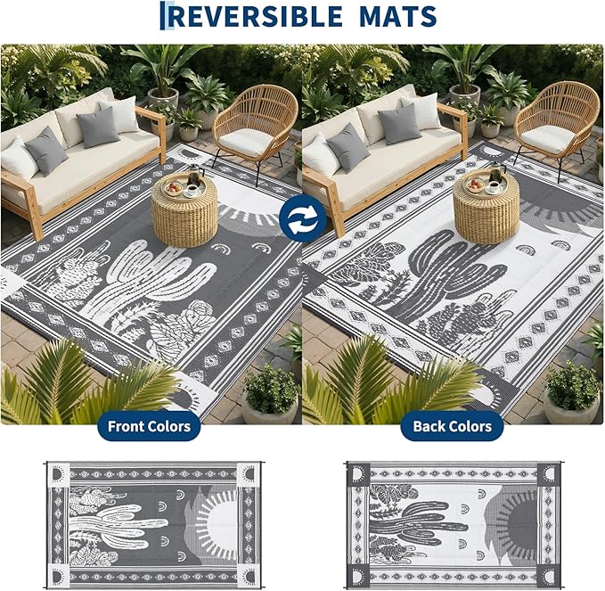 Garvee Waterproof Outdoor Rug 5x8, Cactus Botanical Outdoor Plastic Straw Rug for Camping, Reversible RV Mat Outside, Indoor Outdoor Carpet for Porch, Deck, Backyard, Balcony, Picnic, Grey