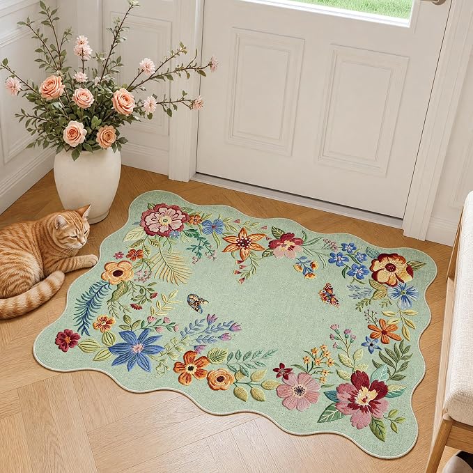 FMFUNCTEX 2x3 Washable Floral Vintage Scalloped Boho Flower Entryway Rug | Soft Colorful Traditional Door Mat Non Slip Low Pile Indoor Small Throw Rugs Entry Way Entrance Kitchen Laundry Doorway