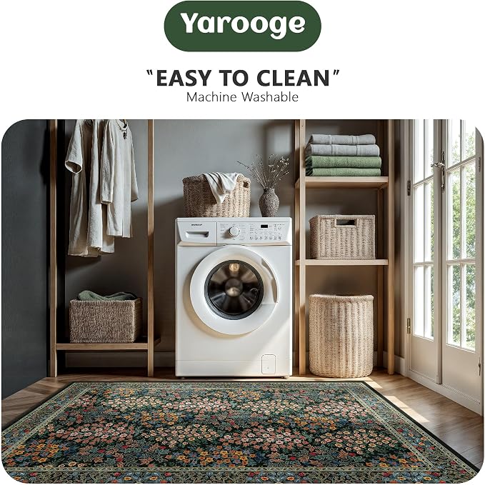 8x10 Area Rugs, Machine Washable Low Pile Floral Rugs for Living Room, Bedroom, Large Boho Area Rug with Non-Slip Backing for Dining Room(Black Floral)