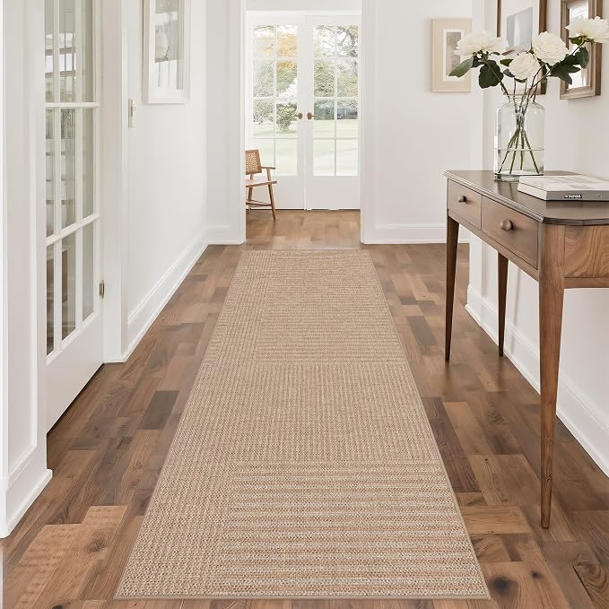 Outdoor Easy Jute Runner Rug: 2.5x8 Modern Natural Area Rugs for Front Patio Hallway Linen-Look Fabric Durable - Neutral Washable Mat for Entryway Kitchen Bedroom - Beige Stripes