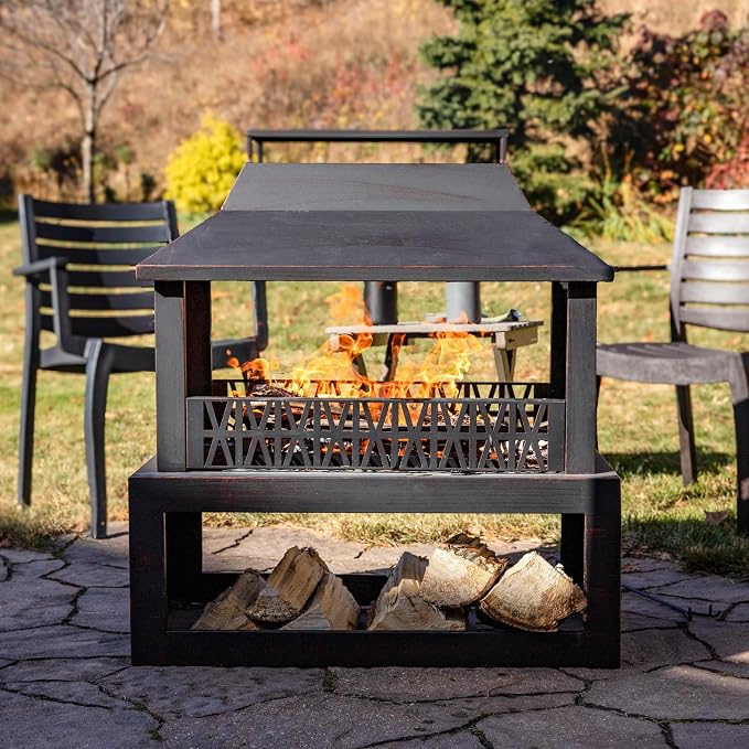 Sunnydaze Backyard Blaze 35-Inch H Heavy-Duty Steel Outdoor Fire Pit with Built-in Log Storage - Includes Protective Cover - Brushed Bronze