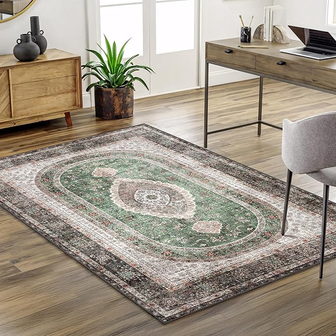 Green Rug 3x5,Washable Area Rugs for Bedroom Living Room Entryway | Small Boho Vintage Bohemian Distressed Oriental Non Slip Carpet