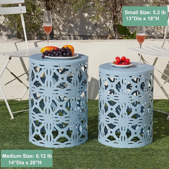 Y&M Outdoor Side Tables Set of 3, Round Metal Stacking Patio Side Tables, Indoor & Outdoor End Tables, Decorative Garden Stool Plant Stand for Patio, Garden, Balcony, Porch, Light Blue
