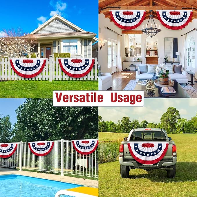 3x6 FT American Bunting Flags Outdoor, 4th of July Pleated Large Fan Flags, USA Patriotic Banner Decorations for 250th Anniversary, Outside Porch, Fence, Yard Garden, Red White and Blue Decor (3)