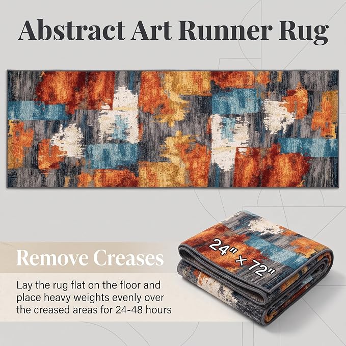 2x6 Burnt Orange and Teal Abstract Brushstroke Area Rug | Soft Low-Pile Machine-Washable Rug with Non-Slip Backing for Dining Rooms, Entryways and Reading Areas for Easy Everyday Care
