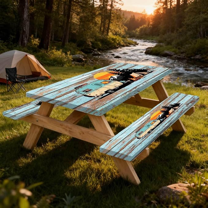 Picnic Table Cover with Bench Covers, 30x96 inch Waterproof Outdoor Camping RV Essentials Fitted Picnic Rectangle Table Cloth, Teal Brown Wood Texture Fitted Picnic Tablecloth with Elastic