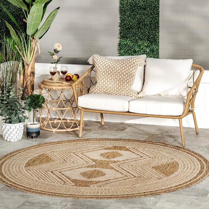 Nuloom Ranya Light Brown/Ivory, 6'7" Round, Tribal Geometric, Soft and Cozy, High Traffic, Stain Resistant, Easy Clean, Durable Area Rug for Indoor/Outdoor Patio, Deck, Porch, Garden, Courtyard