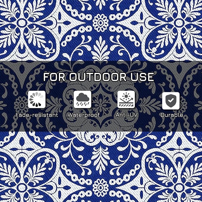 Outsunny Reversible Outdoor Rug Carpet, 9' x 12' Waterproof Plastic Straw Rug, Portable RV Camping Rugs with Carry Bag, Large Floor Mat for Backyard, Deck, Picnic, Beach, Blue & White Floral