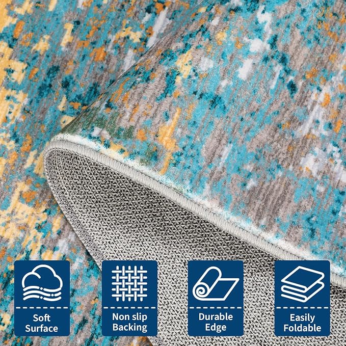 ROYHOME Modern Abstract 2x3 Area Rug Non Slip, Multi Color | Non Shedding Low Pile Stain Resistant Rug for Entryway Kitchen Bedroom
