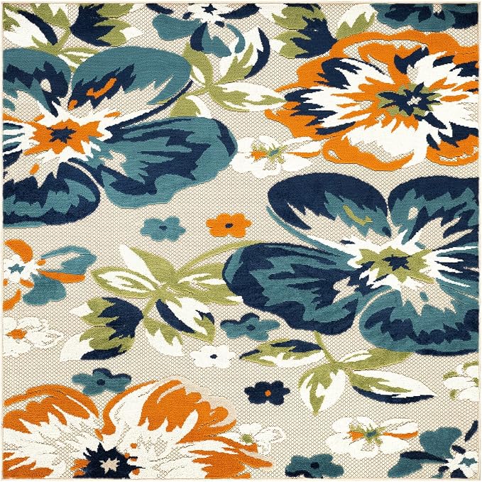 Rugshop Multi Bergamo Floral Indoor/Outdoor Square Area Rug Machine Washable for Patio, Dining Nook and Balcony, 6'6" x 6'6" Square