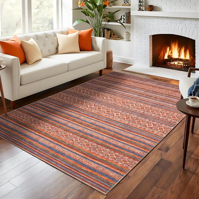 Sacred Artisans Boho 5x7 Area Rug for Living Room, Dining Room and Office | Washable, Non Slip, Pet Friendly and Low Pile (Kilim, 5' x 7')