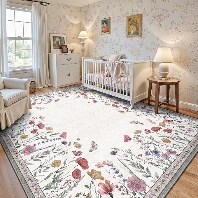 8x10 Area Rugs, Machine Washable Low Pile Floral Rugs for Living Room, Bedroom, Large Area Rug with Non-Slip Backing for Dining Room(Classic Beige)