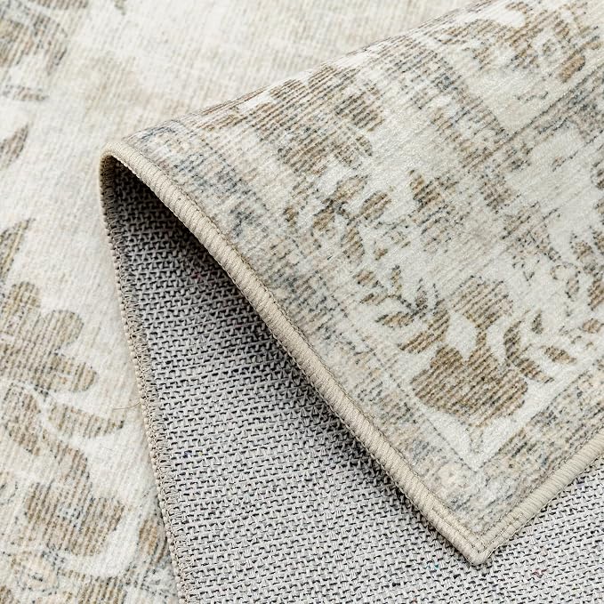 3x5 Washable Area Rug Entryway Cream Beige Vintage Small Doormat | Soft Low Pile, Non Slip, Stain Resistant, Floral Medallion, Neutral Retro Decor for Living Room, Bathroom, Bedroom, Office