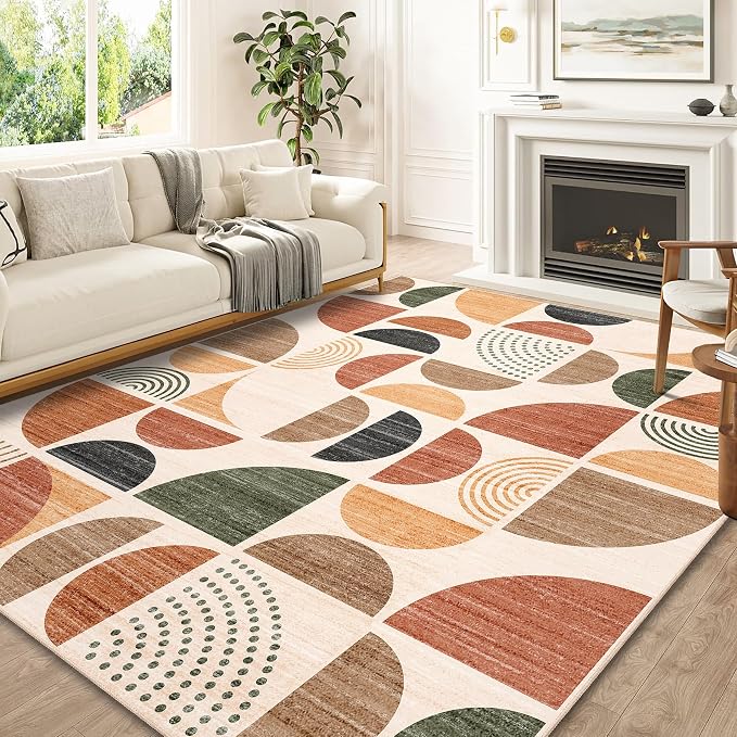 8x10 Area Rugs,Washable Rug Non Slip Modern Abstract Boho Large | Throw Carpet for Living Room Bedroom Bedside Dining Room Soft Low Pile Floor Indoor Bohemian Terracotta