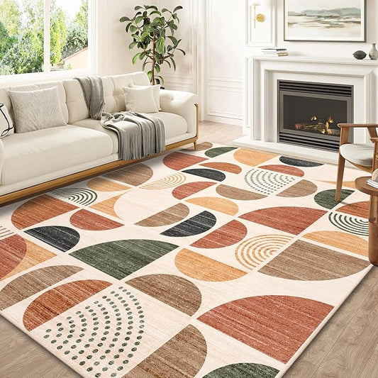 8x10 Area Rugs,Washable Rug Non Slip Modern Abstract Boho Large | Throw Carpet for Living Room Bedroom Bedside Dining Room Soft Low Pile Floor Indoor Bohemian Terracotta