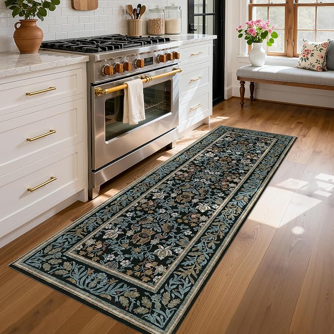 GarveeHome Washable 2x6 Hallway Runner Rug Non Slip Kitchen Rugs Blue Black | Boho Vintage Runner Rugs with Rubber Backing Soft Low-Pile Stain Resistant Indoor Long Carpet for Entryway Bedroom Laundry