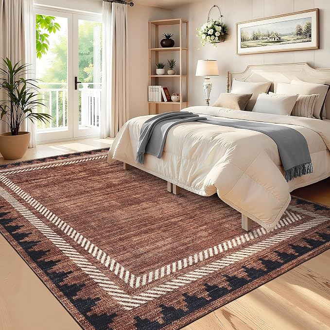 GarveeHome Washable 9x12 Area Rug Christmas Red Rugs for Living Room Bordered Neutral Rug,Modern Geometric Rug for Farmhouse Non Slip Soft Non Shedding Low Pile Neutral Carpet for Open Spaces Office
