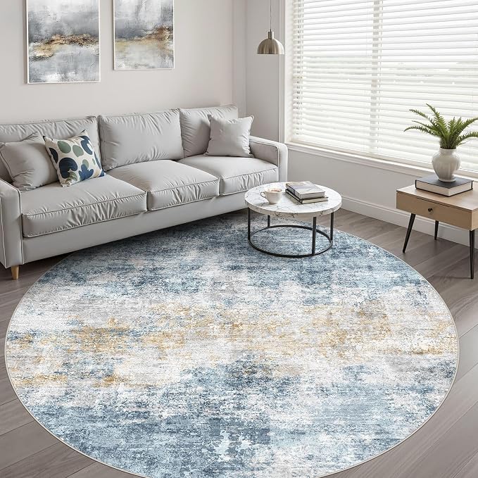 LOONGRUG Round Rug 8x8 Washable Neutral Modern Living Room Rug Blue Gold | Circle Large Abstract Soft Stain Resistant Indoor Non-Slip Carpet for Bedroom Nursery Kids Office Playroom Dining Room