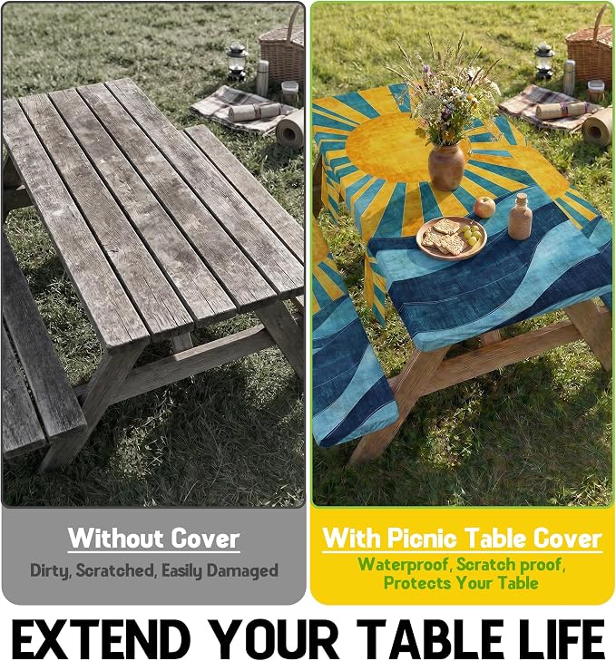 Picnic Table Cover with Bench Covers Tablecloth Fitted Table Cloth Set Camping Essentials Tools Supplies Rv Travel Accessory Gear Outdoor Road Trip Necessities Gadgets Camper Gadgets Things Ideas Kit