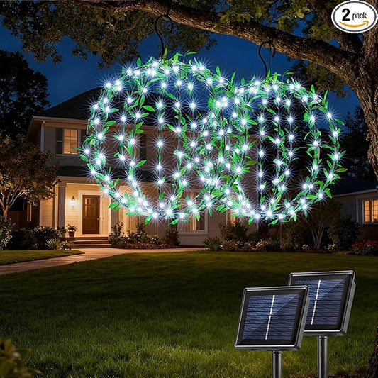Joomer Solar Hanging Ball Lights Outdoor, 2-Pack 13in & 11in Total 264 LED Solar Globe Lights, 8 Modes Waterproof Metal Sphere Lights with Hooks for Patio Garden Decor - White