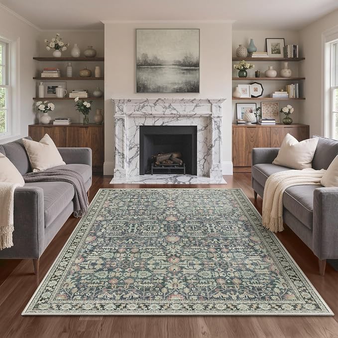 2.5x6 Kitchen Runner Rug, Washable Non Slip, Green/Blue | Vintage Floral Design, Spill Resistant Lightweight Low Pile Carpet for Hallway, Bedroom, Laundry Room, Bathroom