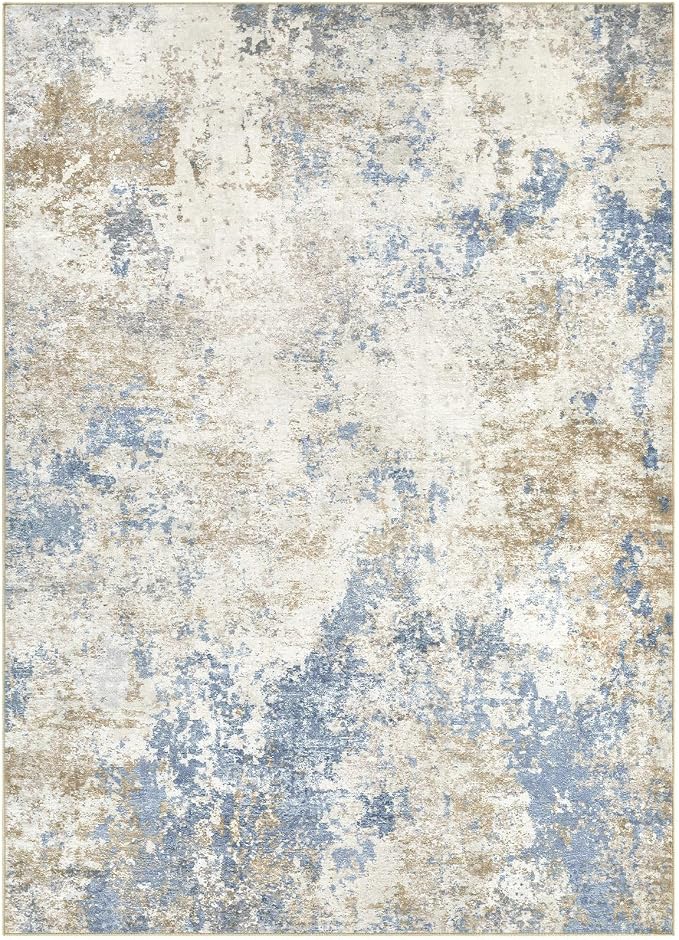 Nakagishi 10X14 Abstract Washable Area Rugs for Living Room-Blue Brown | Modern Non-Slip Silicone Backing Low Pile Soft Carpet for Bedroom Dining Decor for Families with Kids and Pets