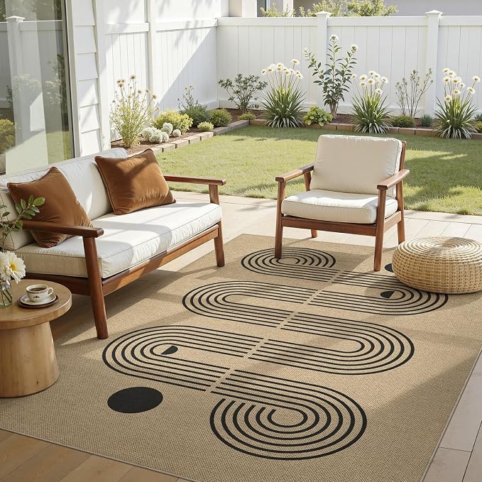 UERMEI 5x7 Outdoor Jute Area Rug Patio Neutral Washable Geometric Brown | Easy Non Slip Pet Friendly Indoor Farmhouse Carpet for Living Room Bedroom Dining Backyard