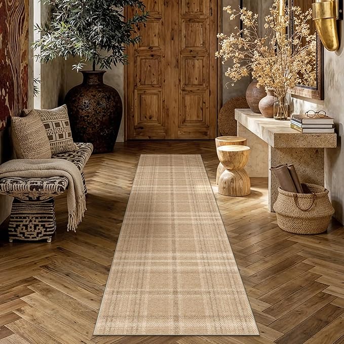 2x8 Brown Plaid Kitchen Runner Rug | Washable, Low Pile, Modern, Neutral, Soft, Non Slip, Rug for Hallway Bathroom Bedroom Nursery Indoor Home Decor