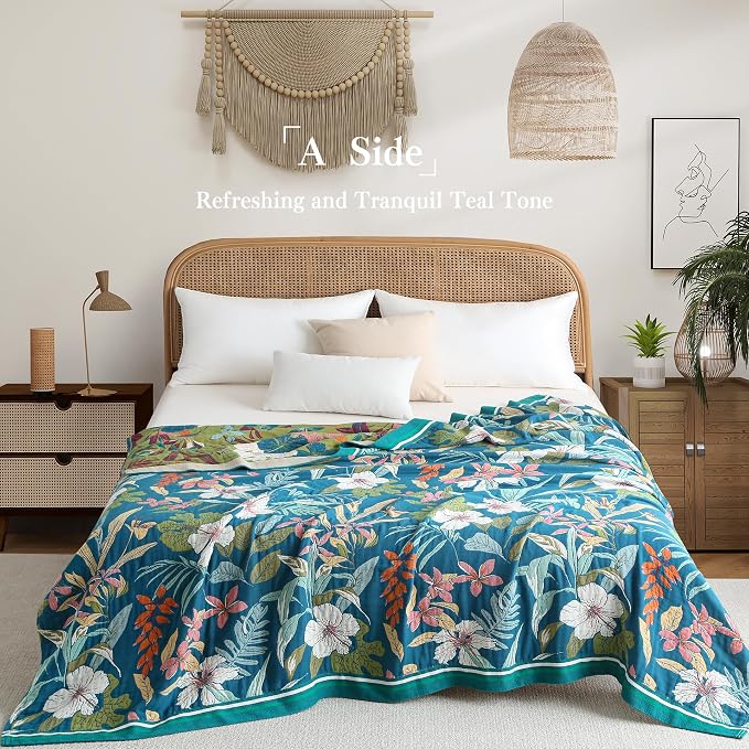 Phuryllic Boho Throw Blanket Twin Size, Soft Cozy Cotton Muslin Quilt Blanket for Bed Decor, Floral Patterned Couch Sofa Chair Cover, Vintage Farmhouse Cottage Tapestry Woven Blanket, Teal&Green
