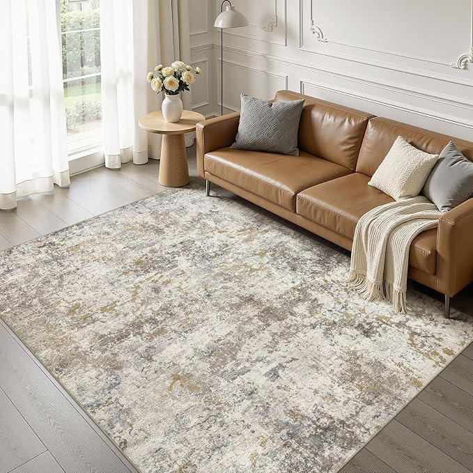 kakania Washable 6x9 Area Rug for Living Room: Abstract Modern Home Decor | Soft Stain Resistant, Low-Pile, Non-Slip, Pet & Kid Friendly, Thin Rug for Bedroom/Dining Room/Kids Dorm - Brown Gold