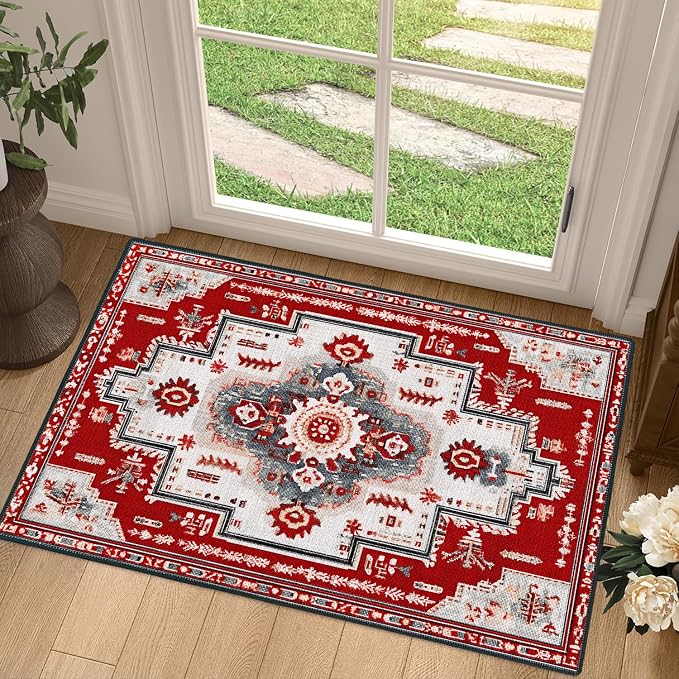 Red Geometric Rose 2x3 Entry Rug,Washable Small Rugs for Entryway Kitchen Bathroom Door Mat Indoor Entrance,Non Slip Rubber Backing,Stain & Fade Resistant,Gul Floral Farmhouse Decor