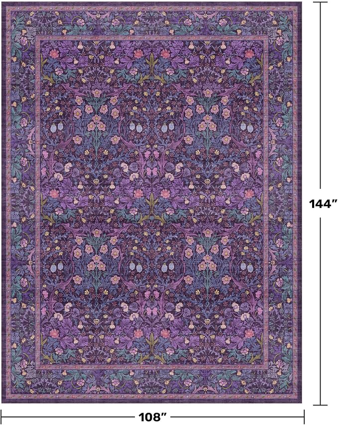 Washable Plum Purple Rug for Bedroom - 9x12 Large Area Rug for Living Room, Dining Room Under the Table, Soft Low Pile Non-Slip Stain Resistant Carpet - Vintage Floral Design