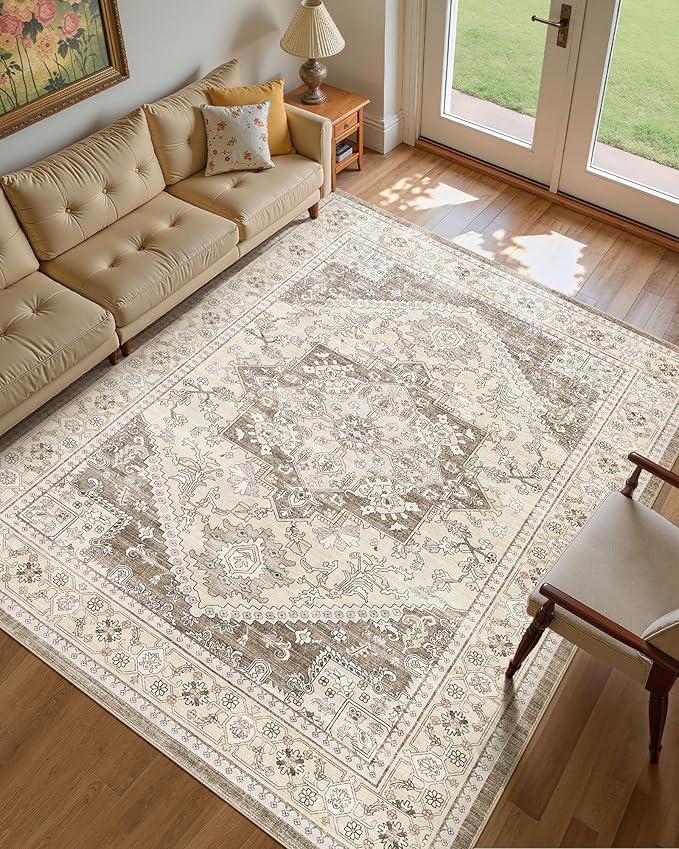 Washable Area Rug-9X12 Vintage Neutral Soft Brown | Non Slip Thin Foldable Large Floor Carpet for Living Room Bedroom Kitchen Dining Room Home Office Farmhouse Indoor