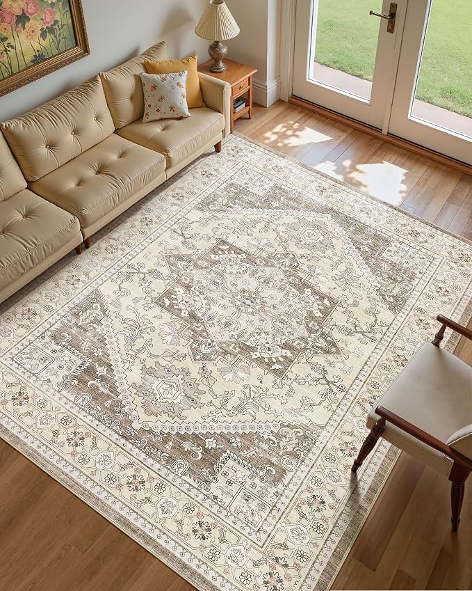 Washable Area Rug-10X14 Vintage Neutral Soft Brown | Non Slip Thin Foldable Large Floor Carpet for Living Room Bedroom Kitchen Dining Room Home Office Farmhouse Indoor
