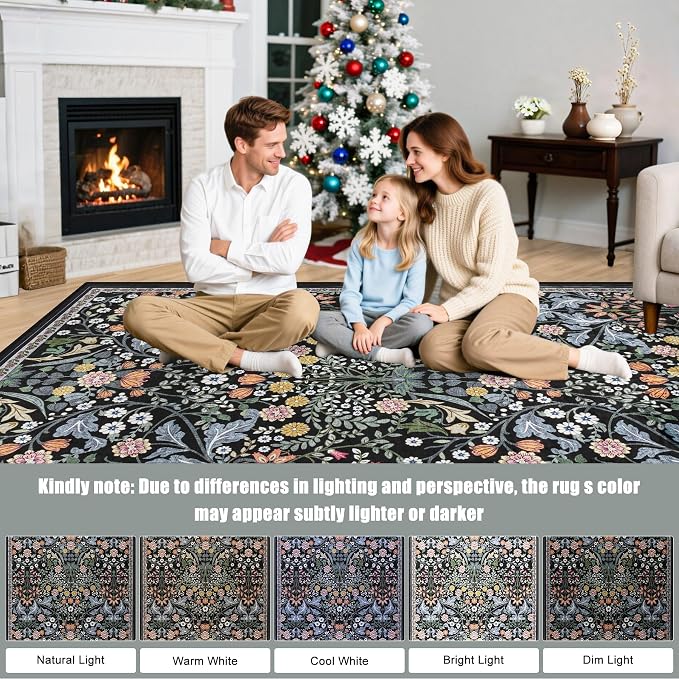 PLHXFR Area Rug Living Room: 3x5 Floral Washable Boho Carpet Dark Black | For Bedroom Dining Room Farmhouse Nursery Hallway,Vintage Floral,Machine washable,Non Slip,Stain Resistant,Large Indoor