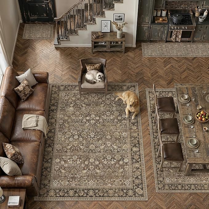 HUGEAR Round Rug 6ft Entryway Rugs Machine Washable Brown Hallway Area Rug 6x6 Large Circle Accent Rug Floral Low Pile Carpet Soft Throw Rug Living Room Office Laundry Room Entrance Non Slip