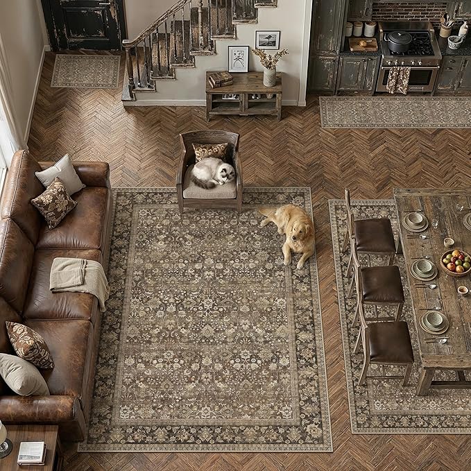 HUGEAR 3x12 Runner Rug Machine Washable Brown Hallway Area Rug Indoor Accent Rug Floral Low Pile Carpet Soft Throw Rug Bedroom Living Room Office Dining Room Kitchen Laundry Room Non Slip