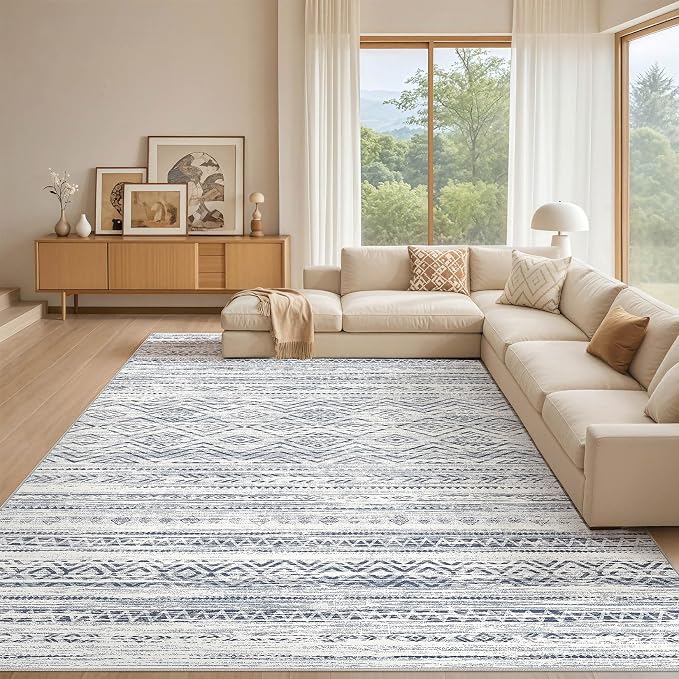 Tortania Area Rug Living Room Rugs- 12x18 Washable Large Soft Neutral Boho Moroccan Bohemian Farmhouse Rug Indoor Floor Carpet for Bedroom Under Dining Table Home Office Decor - Dark Blue