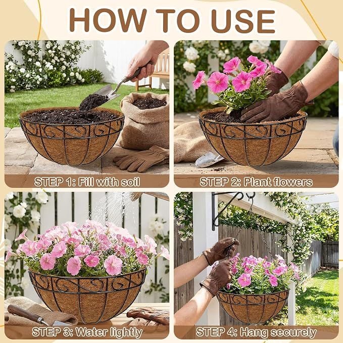 2 Pack 14 inch Metal Hanging Baskets for Plants, Round Metal Wire Hanging Basket Planter with Coco Fiber Liners Chain for Garden Home Porch Patio, Flower Border