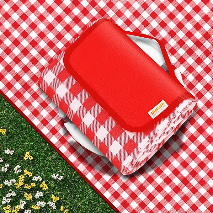 SAMSIER Outdoor Picnic Blankets Waterproof Foldable Sandproof, Large Gingham Cute Picnic Mat Washable Portable for Park Beach Camping Courtyard (Red, 60"×80")