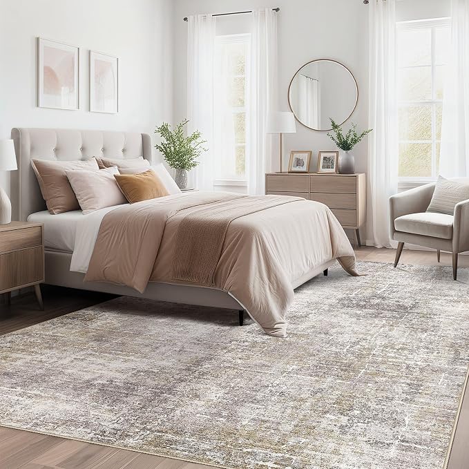 kakania Abstract 7x9 Area Rugs for Living Room: Washable Rugs Brown Gold | Soft, Non-Slip, Low-Pile, Pet & Kid Friendly - Modern Home Decor Carpet for Bedroom/Dining Room/Office/Nursery