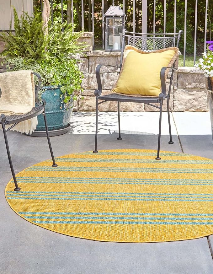 Unique Loom Jill Zarin Outdoor Collection Area Rug - Anguilla (6' 7" Round, Yellow and Aqua/Light Blue)