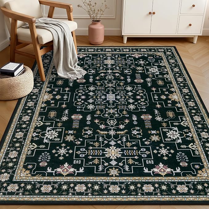 6x9 Area Rugs Living Room: Washable Vintage Rug for Bedroom Black | Boho No Slip Stain Resistant Rug Soft Indoor Decor Floor Floral 6x9 Area Rugs for Dining Room, Nursery, Hallway, Home Office
